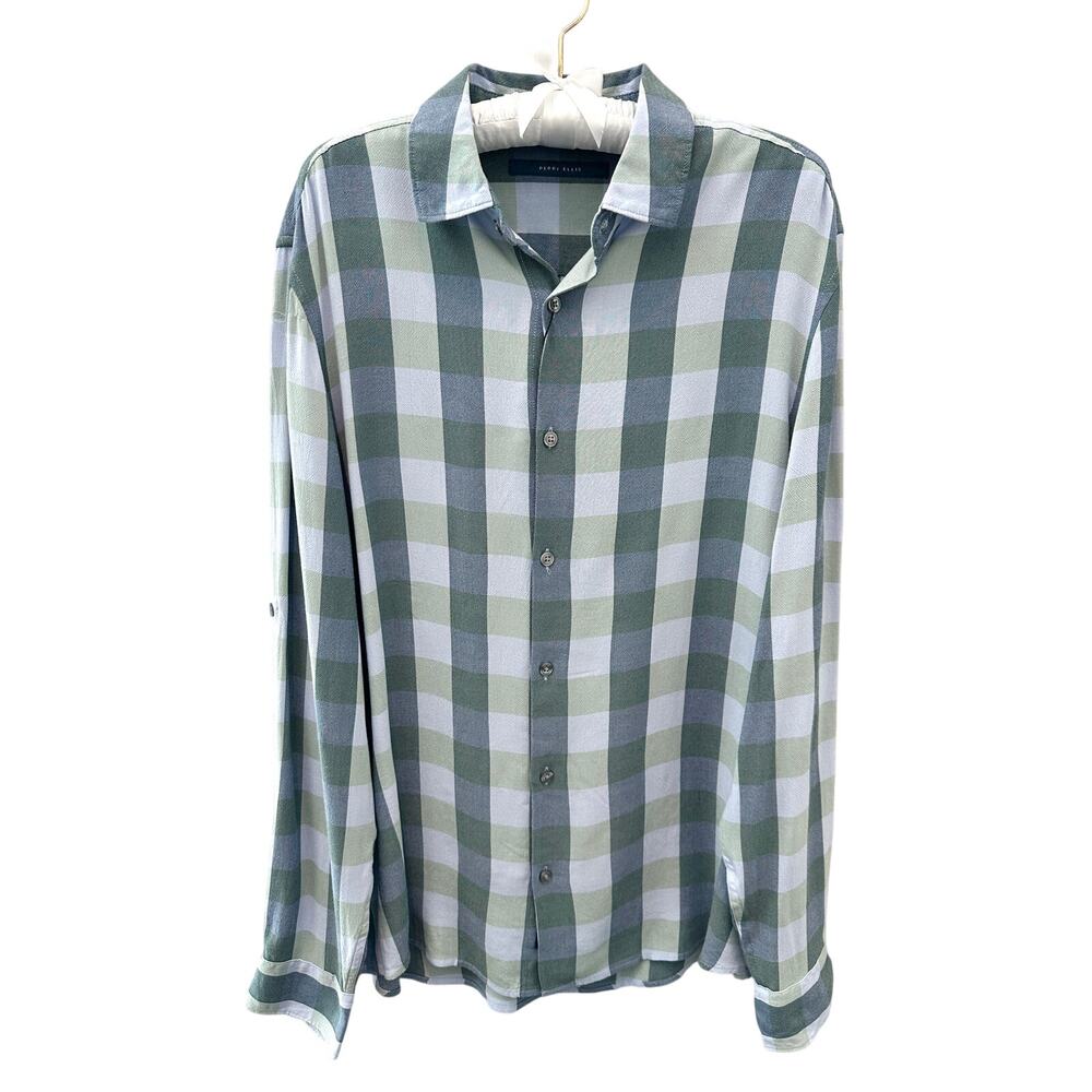 PERRY ELLIS | Untucked Plaid Button Up Shirt Green Blue Heather NWT Medium